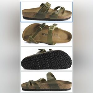 Birkenstock Olive Two-Strap Leather Sandals with Black Sole